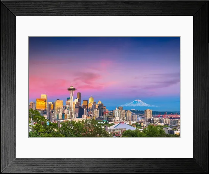 Framed Print : Seattle, Washington, USA downtown skyline at night with Mt. Rainier Framed Print : Seattle, Washington, USA downtown skyline at night with Mt. Rainier