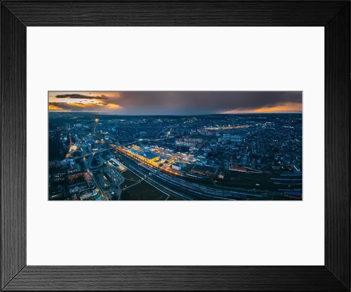 Framed Print : Brest, Belarus. Aerial Bird's-eye View Of Cityscape Skyline. Night Aerial View Of Railway Station. Panorama, Panoramic View Framed Print : Brest, Belarus. Aerial Bird's-eye View Of Cityscape Skyline. Night Aerial View Of Railway Station. Panorama, Panoramic View
