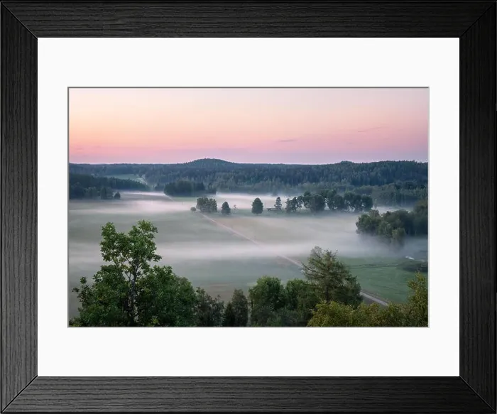 Framed Print : Beautiful landscape view with fog and meadow at summer evening in countryside, Finland Framed Print : Beautiful landscape view with fog and meadow at summer evening in countryside, Finland