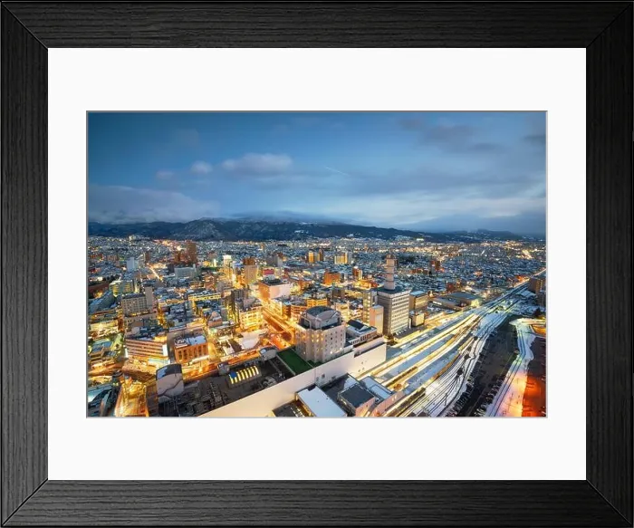 Framed Print : Yamagata, Japan downtown city skyline at twilight in winter Framed Print : Yamagata, Japan downtown city skyline at twilight in winter