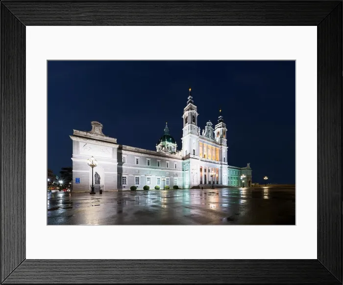 Framed Print : Madrid landmark at night. Landscape of Santa Maria la Real de La Almudena Cathedral and the Royal Palace. Beautiful skyline at Madrid, Spain Framed Print : Madrid landmark at night. Landscape of Santa Maria la Real de La Almudena Cathedral and the Royal Palace. Beautiful skyline at Madrid, Spain