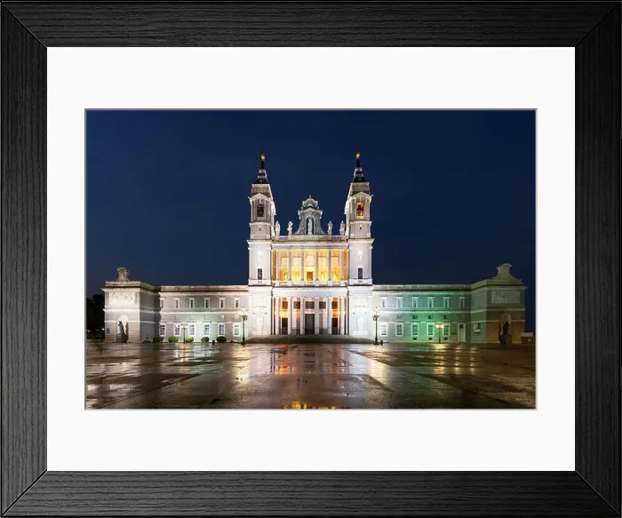 Framed Print : Madrid landmark at night. Landscape of Santa Maria la Real de La Almudena Cathedral and the Royal Palace. Beautiful skyline at Madrid, Spain Framed Print : Madrid landmark at night. Landscape of Santa Maria la Real de La Almudena Cathedral and the Royal Palace. Beautiful skyline at Madrid, Spain