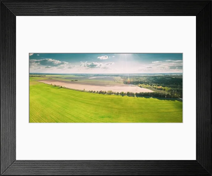 Framed Print : Countryside Rural Green Field Landscape With Young Wheat Sprouts In Spring Summer Cloudy Day. Agricultural Field. Young Wheat Shoots. Aerial View