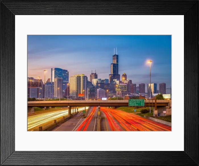 Framed Print : Chicago, Illinois, USA downtown skyline over highways at twilight Framed Print : Chicago, Illinois, USA downtown skyline over highways at twilight