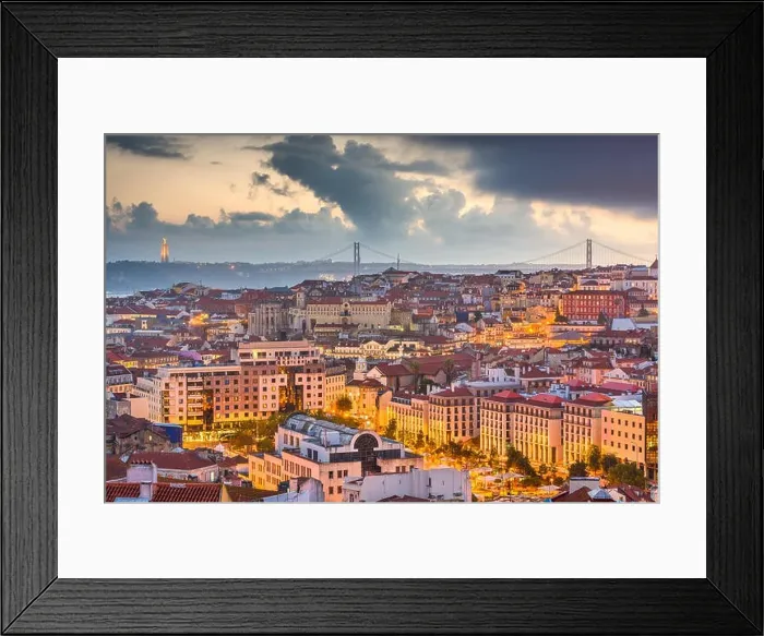 Framed Print : Lisbon, Portugal City Skyline over the Baixa district at dusk Framed Print : Lisbon, Portugal City Skyline over the Baixa district at dusk