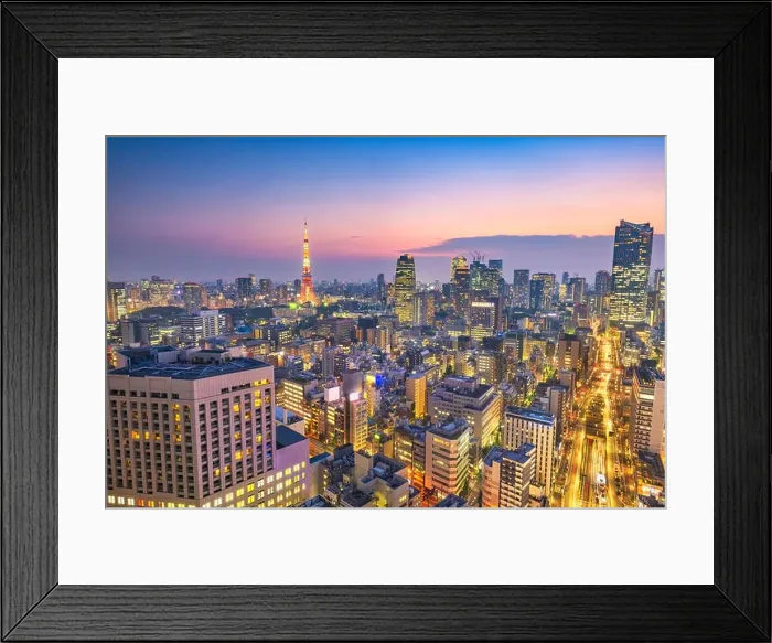 Framed Print : Tokyo, Japan skyline fro the Shiodome district with Tokyo Tower at dusk Framed Print : Tokyo, Japan skyline fro the Shiodome district with Tokyo Tower at dusk