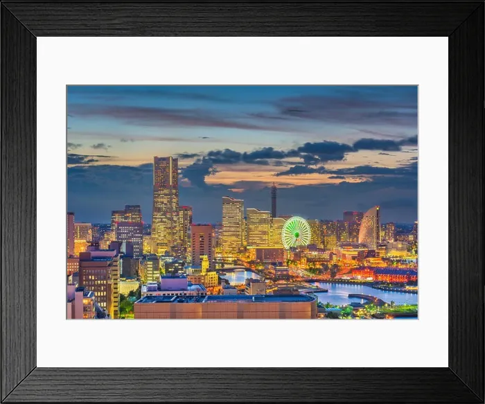 Framed Print : Yokohama, Japan harbor and downtown skyline at dusk Framed Print : Yokohama, Japan harbor and downtown skyline at dusk