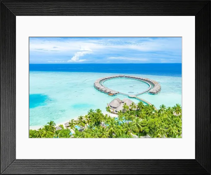 Framed Print : Summer landscape and seascape as aerial tropical background. Amazing view from above, luxury water bungalows, vacation holiday mood. Pristine clear Framed Print : Summer landscape and seascape as aerial tropical background. Amazing view from above, luxury water bungalows, vacation holiday mood. Pristine clear