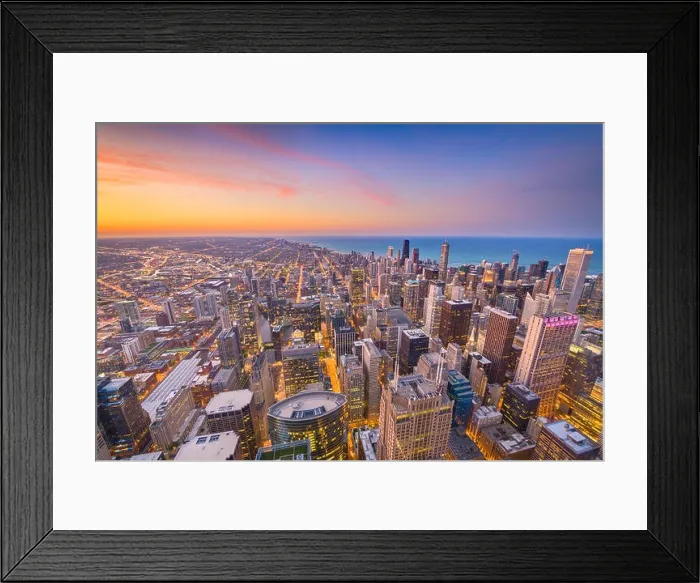 Framed Print : Chicago, Illinois, USA aerial downtown skyline at dusk towards Lake Michigan Framed Print : Chicago, Illinois, USA aerial downtown skyline at dusk towards Lake Michigan