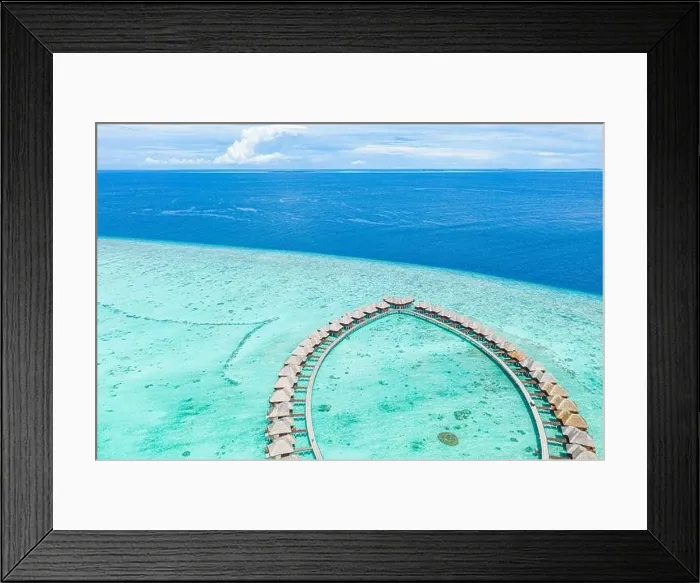 Framed Print : Summer landscape and seascape as aerial tropical background. Amazing view from above, luxury water bungalows, vacation holiday mood. Pristine clear Framed Print : Summer landscape and seascape as aerial tropical background. Amazing view from above, luxury water bungalows, vacation holiday mood. Pristine clear