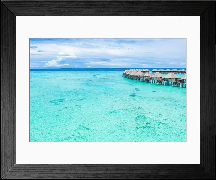 Framed Print : Summer landscape and seascape as aerial tropical background. Amazing view from above, luxury water bungalows, vacation holiday mood. Pristine clear Framed Print : Summer landscape and seascape as aerial tropical background. Amazing view from above, luxury water bungalows, vacation holiday mood. Pristine clear