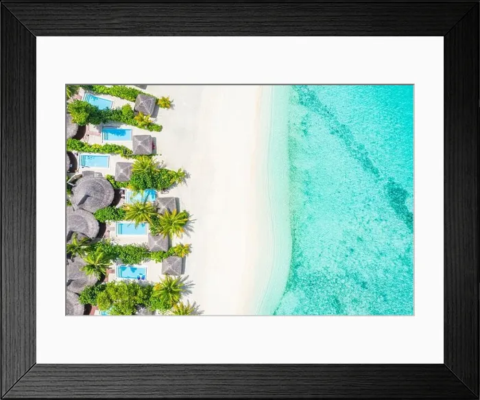 Framed Print : Aerial photo of beautiful Maldives paradise tropical beach. Amazing view, blue turquoise lagoon water, palm trees and white sandy beach. Luxury travel Framed Print : Aerial photo of beautiful Maldives paradise tropical beach. Amazing view, blue turquoise lagoon water, palm trees and white sandy beach. Luxury travel