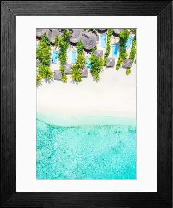 Framed Print : Aerial photo of beautiful Maldives paradise tropical beach. Amazing view, blue turquoise lagoon water, palm trees and white sandy beach. Luxury travel Framed Print : Aerial photo of beautiful Maldives paradise tropical beach. Amazing view, blue turquoise lagoon water, palm trees and white sandy beach. Luxury travel