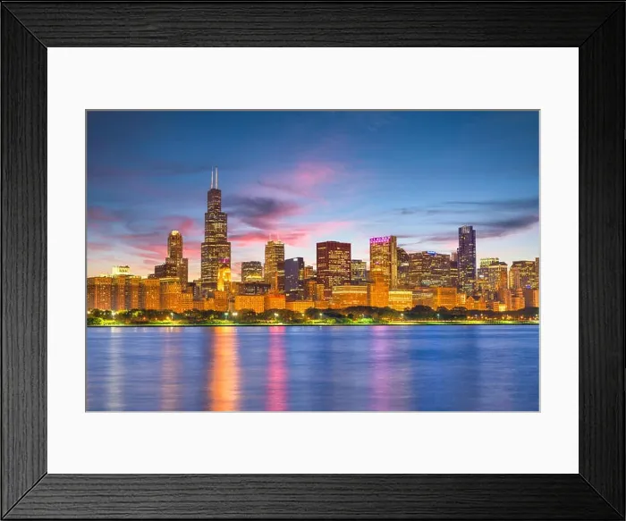 Framed Print : Chicago, Illinois, USA downtown skyline from Lake Michigan at dusk Framed Print : Chicago, Illinois, USA downtown skyline from Lake Michigan at dusk