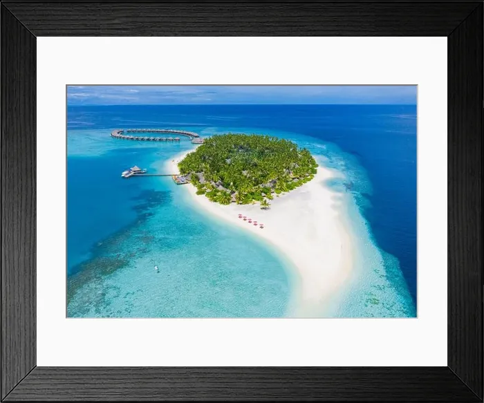Framed Print : Summer landscape and seascape as aerial tropical background. Amazing view from above, luxury water bungalows vacation holiday mood. Pristine clear sea Framed Print : Summer landscape and seascape as aerial tropical background. Amazing view from above, luxury water bungalows vacation holiday mood. Pristine clear sea