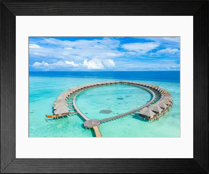 Framed Print : Summer landscape and seascape as aerial tropical background. Amazing view from above, luxury water bungalows, vacation holiday mood. Pristine clear