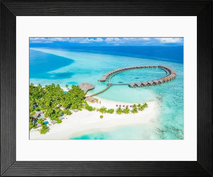 Framed Print : Summer landscape and seascape as aerial tropical background. Amazing view from above, luxury water bungalows, vacation holiday mood. Pristine clear