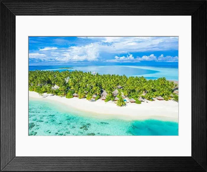 Framed Print : Aerial photo of beautiful Maldives paradise tropical beach. Amazing view, blue turquoise lagoon water, palm trees and white sandy beach. Luxury travel Framed Print : Aerial photo of beautiful Maldives paradise tropical beach. Amazing view, blue turquoise lagoon water, palm trees and white sandy beach. Luxury travel