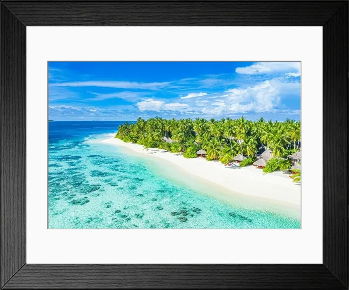 Framed Print : Aerial photo of beautiful Maldives paradise tropical beach. Amazing view, blue turquoise lagoon water, palm trees and white sandy beach. Luxury travel Framed Print : Aerial photo of beautiful Maldives paradise tropical beach. Amazing view, blue turquoise lagoon water, palm trees and white sandy beach. Luxury travel