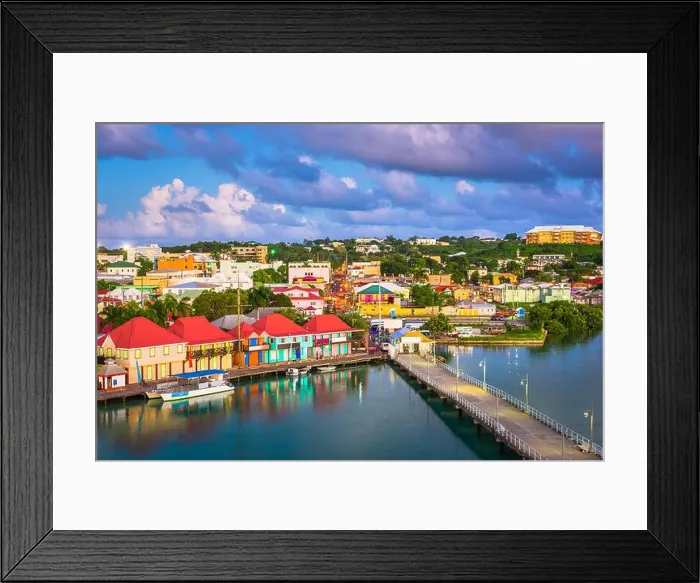 Framed Print : St. John's, Antigua and Barbuda cityscape over Redcliffe Quay at dusk Framed Print : St. John's, Antigua and Barbuda cityscape over Redcliffe Quay at dusk