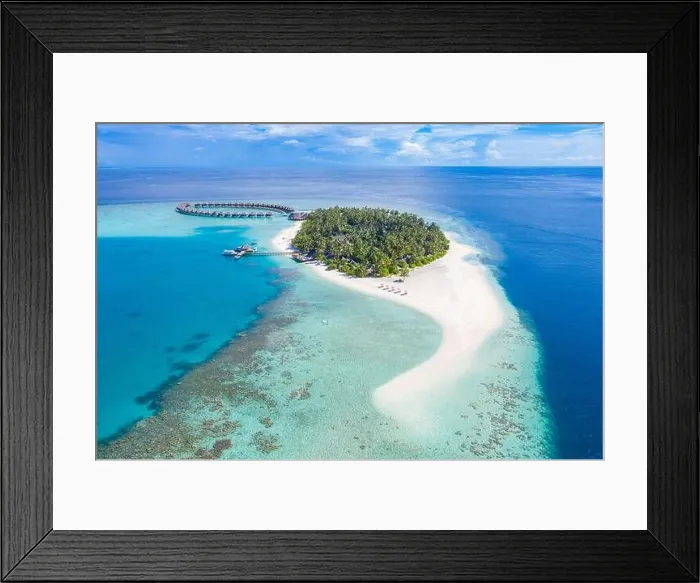 Framed Print : Summer landscape and seascape as aerial tropical background. Amazing view from above, luxury water bungalows vacation holiday mood. Pristine clear sea Framed Print : Summer landscape and seascape as aerial tropical background. Amazing view from above, luxury water bungalows vacation holiday mood. Pristine clear sea