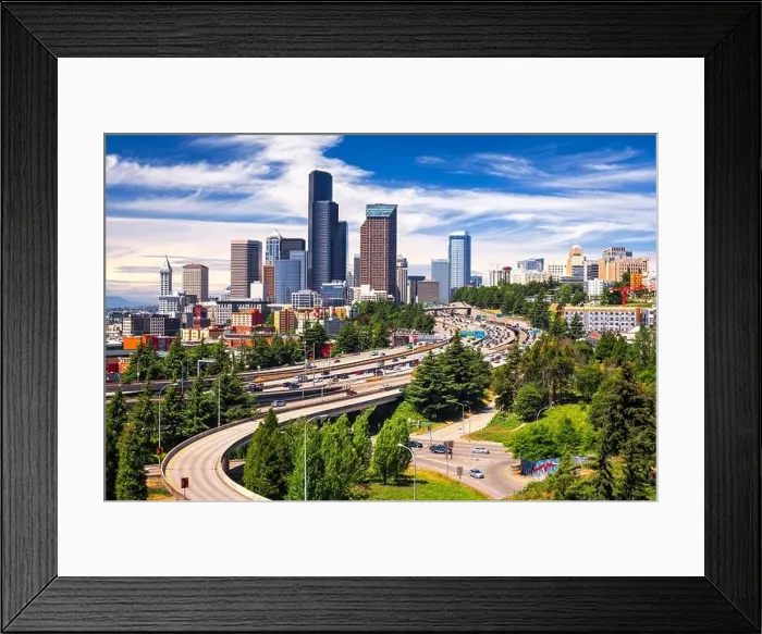 Framed Print : Seattle, Washington, USA downtown skyline and highways in the afternoon Framed Print : Seattle, Washington, USA downtown skyline and highways in the afternoon