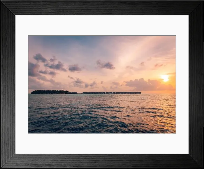 Framed Print : Tropical island view from sea. Sunset sky clouds, peaceful nature seascape. Exotic vacation background Framed Print : Tropical island view from sea. Sunset sky clouds, peaceful nature seascape. Exotic vacation background