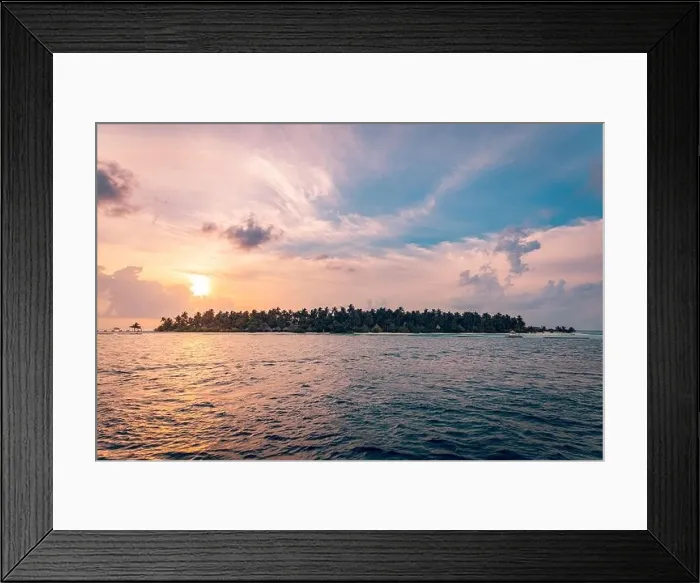 Framed Print : Tropical island view from sea. Sunset sky clouds, peaceful nature seascape. Exotic vacation background Framed Print : Tropical island view from sea. Sunset sky clouds, peaceful nature seascape. Exotic vacation background
