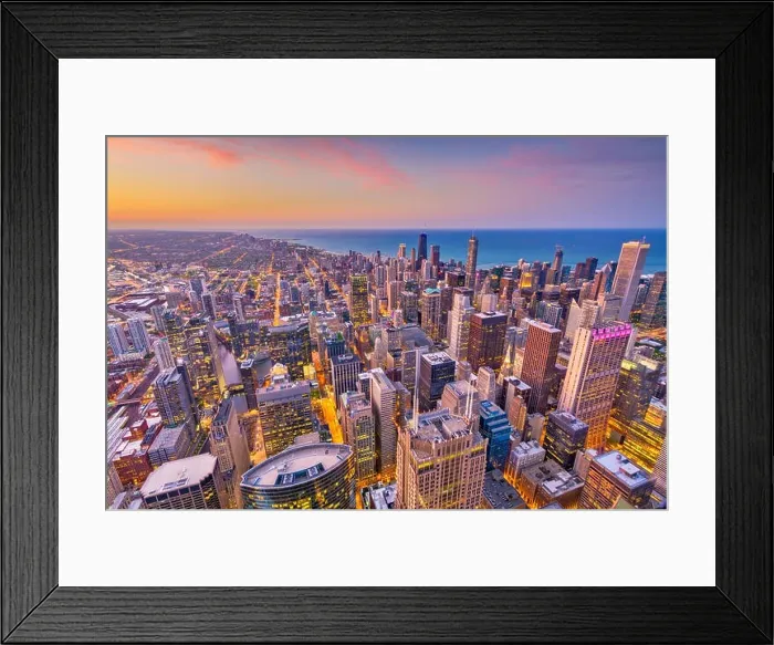 Framed Print : Chicago, Illinois, USA aerial downtown skyline at dusk towards Lake Michigan Framed Print : Chicago, Illinois, USA aerial downtown skyline at dusk towards Lake Michigan