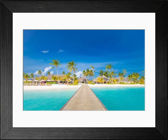Framed Print : Maldives paradise scenery. Tropical landscape, seascape with long jetty, water villas with amazing sea lagoon beach, tropical nature summer vacation Framed Print : Maldives paradise scenery. Tropical landscape, seascape with long jetty, water villas with amazing sea lagoon beach, tropical nature summer vacation