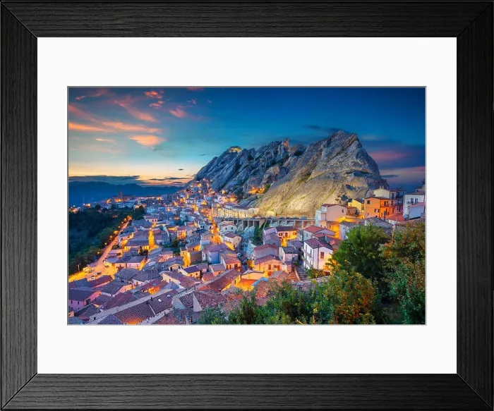Framed Print : Pietrapertosa, Italy. Cityscape aerial image of medieval city of Pietrapertosa, Italy during beautiful sunset