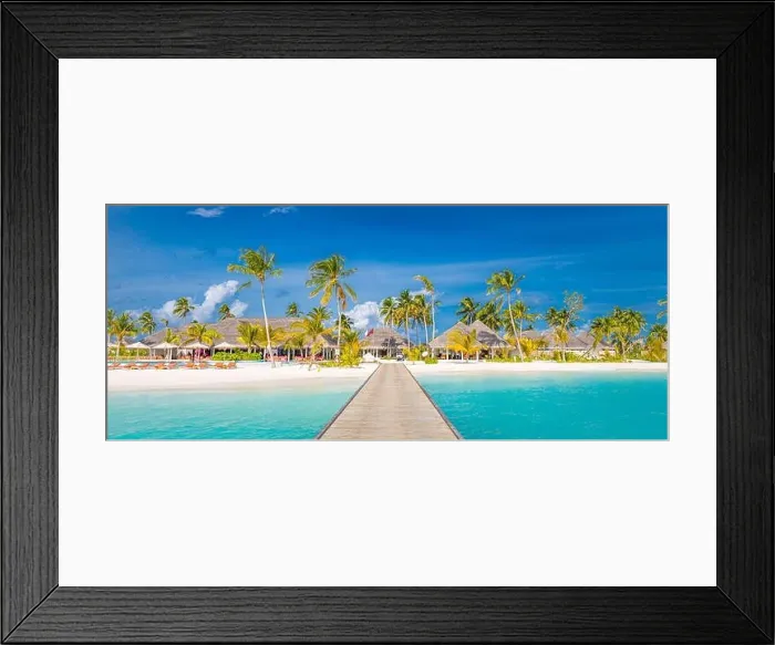 Framed Print : Maldives paradise scenery. Tropical landscape, seascape with long jetty, water villas with amazing sea lagoon beach, tropical nature summer vacation