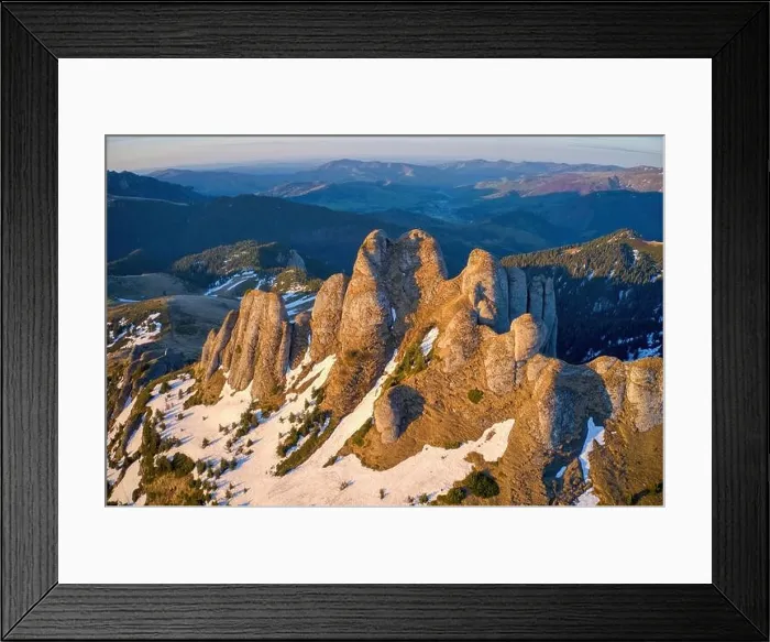 Framed Print : Aerial view over Ciucas Mountains, Tigaile Mari peak, Romania, Europe. Morning light at sunrise Framed Print : Aerial view over Ciucas Mountains, Tigaile Mari peak, Romania, Europe. Morning light at sunrise