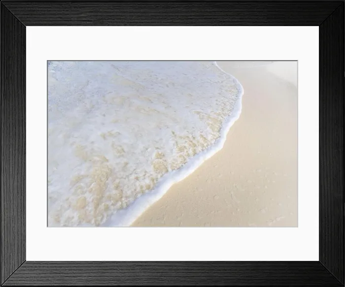 Framed Print : Closeup of sand on beach and blue summer sky. Panoramic beach landscape. Empty tropical beach seascape. Relaxing summer vibes, positive mood inspire