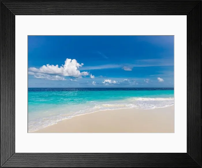 Framed Print : Closeup of sand on beach and blue summer sky. Panoramic beach landscape. Empty tropical beach seascape. Relaxing summer vibes, positive mood inspire Framed Print : Closeup of sand on beach and blue summer sky. Panoramic beach landscape. Empty tropical beach seascape. Relaxing summer vibes, positive mood inspire