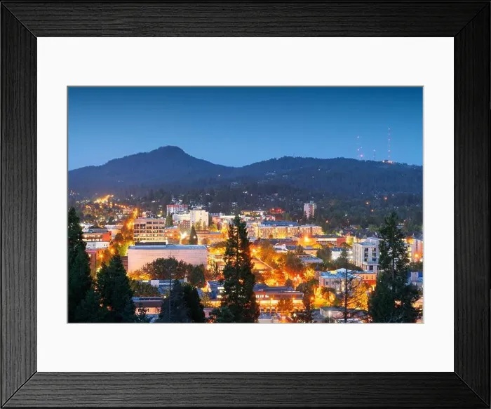 Framed Print : Eugene, Oregon, USA downtown cityscape at dusk Framed Print : Eugene, Oregon, USA downtown cityscape at dusk