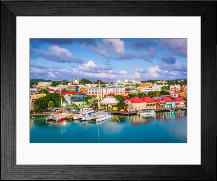 Framed Print : St. John's, Antigua and Barbuda town skyline on Redcliffe Quay at dusk Framed Print : St. John's, Antigua and Barbuda town skyline on Redcliffe Quay at dusk