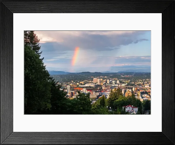 Framed Print : Portland, Oregon, USA downtown cityscape with a sun shower and rainbow Framed Print : Portland, Oregon, USA downtown cityscape with a sun shower and rainbow
