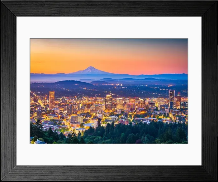 Framed Print : Portland, Oregon, USA skyline at dusk with Mt. Hood in the distance Framed Print : Portland, Oregon, USA skyline at dusk with Mt. Hood in the distance