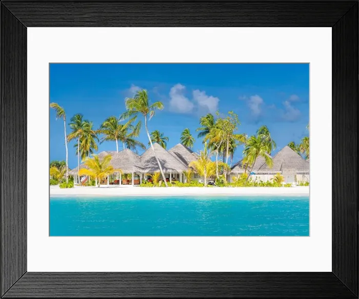 Framed Print : Perfect island beach with water villas, luxury bungalows under palm trees, close to blue sea. Amazing travel destination, relax beach resort landscape Framed Print : Perfect island beach with water villas, luxury bungalows under palm trees, close to blue sea. Amazing travel destination, relax beach resort landscape