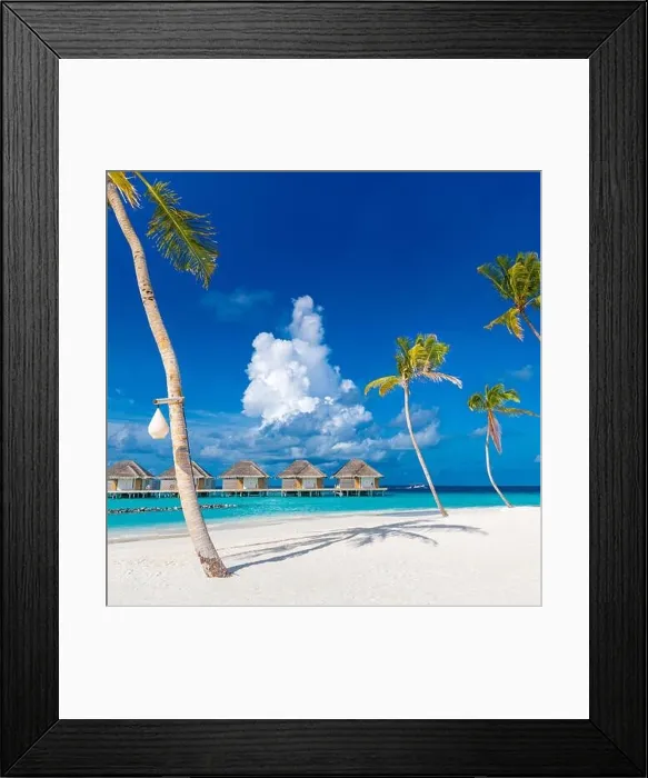 Framed Print : Perfect island beach with water villas, luxury bungalows under palm trees, close to blue sea. Amazing travel destination, relax beach resort landscape Framed Print : Perfect island beach with water villas, luxury bungalows under palm trees, close to blue sea. Amazing travel destination, relax beach resort landscape