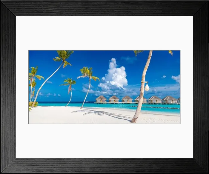 Framed Print : Perfect island beach with water villas, luxury bungalows under palm trees, close to blue sea. Amazing travel destination, relax beach resort landscape Framed Print : Perfect island beach with water villas, luxury bungalows under palm trees, close to blue sea. Amazing travel destination, relax beach resort landscape