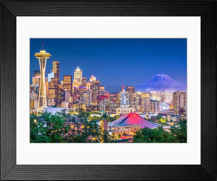 Framed Print : Seattle, Washington, USA downtown skyline at night with Mt. Rainier Framed Print : Seattle, Washington, USA downtown skyline at night with Mt. Rainier