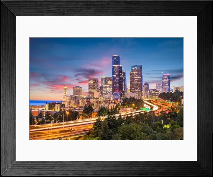 Framed Print : Seattle, Washington, USA downtown skyline and highways at dusk Framed Print : Seattle, Washington, USA downtown skyline and highways at dusk