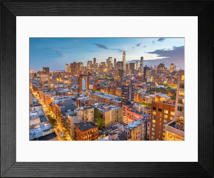 Framed Print : New York, New York, USA Financial district skyline from the Lower East Side at dusk Framed Print : New York, New York, USA Financial district skyline from the Lower East Side at dusk
