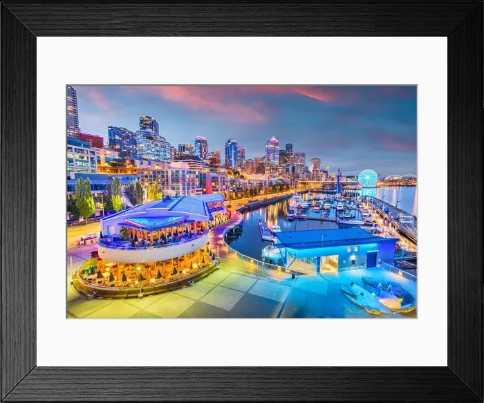 Framed Print : Seattle, Washington, USA pier and skyline at dusk Framed Print : Seattle, Washington, USA pier and skyline at dusk