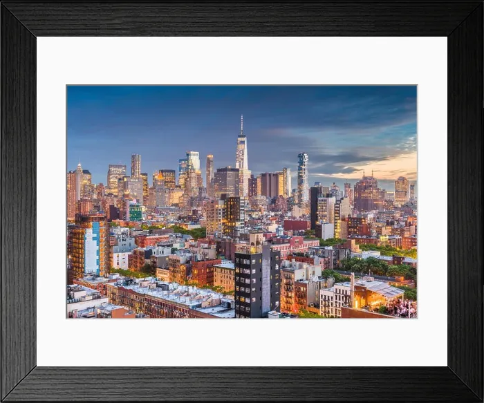 Framed Print : New York, New York, USA Financial district skyline from the Lower East Side at dusk Framed Print : New York, New York, USA Financial district skyline from the Lower East Side at dusk