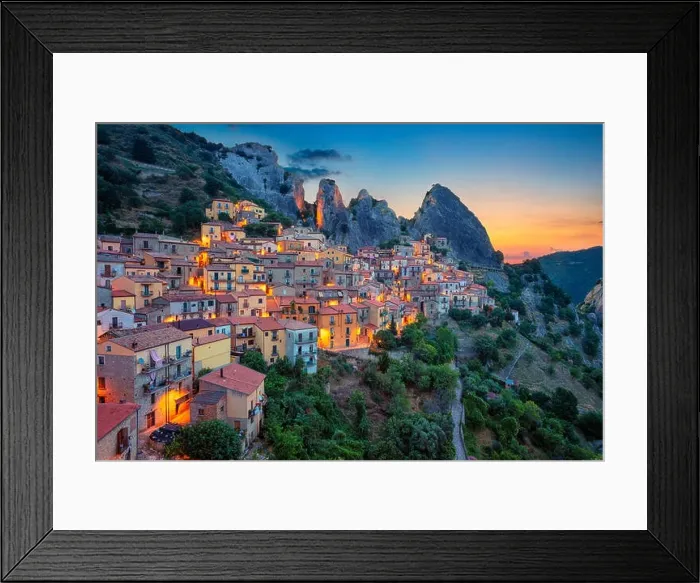 Framed Print : Castelmezzano, Italy. Cityscape aerial image of medieval city of Castelmazzano, Italy during beautiful sunrise Framed Print : Castelmezzano, Italy. Cityscape aerial image of medieval city of Castelmazzano, Italy during beautiful sunrise