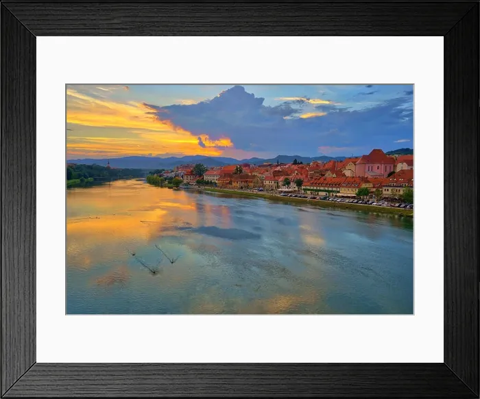 Framed Print : Maribor, Slovenia, Europe. Popular riverbank Lent by the river Drava. Beautiful sunset scenery Framed Print : Maribor, Slovenia, Europe. Popular riverbank Lent by the river Drava. Beautiful sunset scenery