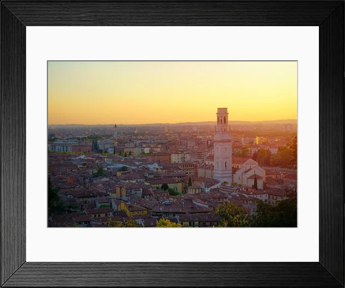 Framed Print : Top angle view of Verona, Italy at summer sunset, sun lens flare Framed Print : Top angle view of Verona, Italy at summer sunset, sun lens flare